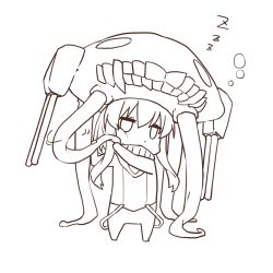 Rule 34 | 10s, 1girl, abyssal ship, chibi, eiri (eirri), full body, jitome, kantai collection, lineart, monochrome, solo, teeth, transparent background, turret, wo-class aircraft carrier, zzz
