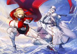 Rule 34 | 2girls, azur lane, bad anatomy, belt, black gloves, black skirt, blonde hair, blue ribbon, braid, breasts, cape, capelet, closed mouth, covered erect nipples, elbow gloves, eyes visible through hair, fur-trimmed cape, fur trim, gloves, hair between eyes, hair ribbon, hat, high heels, holding, holding sword, holding weapon, large breasts, medium hair, melon22, multiple girls, muscular, muscular female, outdoors, parted lips, prince of wales (azur lane), red cape, red eyes, ribbon, skirt, sovetskaya rossiya (azur lane), splashing, sword, thighhighs, thighs, water, weapon, white capelet, white gloves, white headwear, white legwear