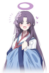Rule 34 | 1girl, blue archive, blush, breasts, clenched hand, eyeshadow, fang, flower, hair flower, hair ornament, halo, haori, heart, highres, japanese clothes, large breasts, looking at viewer, makeup, notice lines, parted bangs, purple eyes, purple hair, red eyeshadow, riffle hunter, school uniform, serafuku, simple background, skin fang, smile, solo, upper body, white background, yukari (blue archive)