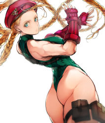 Rule 34 | 1girl, ass, back, beret, blonde hair, blue eyes, braid, breasts, cammy white, fingerless gloves, gloves, hat, highres, leotard, long hair, looking at viewer, nishiide kengorou, simple background, solo, street fighter, twin braids, very long hair, white background