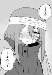 Rule 34 | 1girl, absurdres, bandage over one eye, bandaged head, bandages, bandaid, bandaid on cheek, bandaid on face, bandaid on hand, bench, blush, bruise, bruised eye, greyscale, highres, hood, hoodie, injury, jacket, kuga tsuniya, long hair, long sleeves, looking at viewer, monochrome, night, on bench, open clothes, open jacket, open mouth, original, outdoors, pants, park, park bench, sidelocks, sitting, solo, speech bubble, talking, translated, upper body