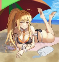 Rule 34 | 1girl, absurdres, ahoge, ass, bad id, bad twitter id, bare arms, bare legs, bare shoulders, barefoot, beach, beach mat, beach umbrella, between breasts, bikini, black bikini, blonde hair, breasts, cleavage, closed mouth, day, detached collar, fakey, feet, highres, large breasts, legs up, long hair, looking at viewer, lotion bottle, lying, multi-strapped bikini, necktie, ocean, off shoulder, on stomach, original, outdoors, ponytail, sidelocks, smile, soles, solo, strap slip, string bikini, swimsuit, the pose, thighs, umbrella, very long hair, wrist cuffs, yellow eyes