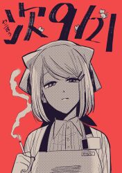 Rule 34 | 1girl, apron, badge, expressionless, greyscale with colored background, hair ornament, hairclip, halftone, head tilt, highres, jinusi, red background, smoking, solo, super no ura de yani suu futari, yamada (super no ura de yani suu futari)