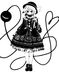 Rule 34 | 1girl, :/, buttons, diamond button, expressionless, full body, gothic lolita, greyscale, hair between eyes, hanokami, hat, heart, heart of string, highres, holding, holding knife, knife, komeiji koishi, lolita fashion, looking at viewer, monochrome, short hair, solo, standing, third eye, touhou