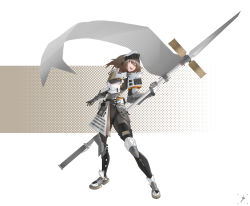Rule 34 | 1girl, :d, absurdres, armor, banner, belt, belt pouch, bodysuit, breastplate, brown hair, forehead protector, full body, gauntlets, highres, holding, holding polearm, holding weapon, knee pads, mixed-language commentary, open mouth, orange eyes, original, polearm, pouch, shoulder armor, smile, solo, standing, teeth, two-tone background, upper teeth only, weapon, white background, yitiaoyuwe