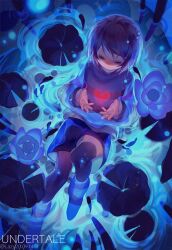 Rule 34 | 1other, absurdres, afloat, androgynous, artist name, black shorts, black thighhighs, blue flower, blue sweater, child, chinese commentary, closed eyes, commentary request, copyright name, dated, expressionless, flower, frisk (undertale), from above, full body, heart, highres, knee up, lazy kun, lily pad, long sleeves, partially submerged, ripples, shorts, solo, sweater, thighhighs, undertale, water