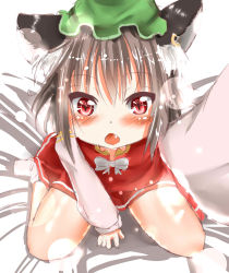 Rule 34 | 1girl, absurdres, animal ears, blush, bow, brown hair, cat ears, chen, dress, earrings, fang, from above, hat, heart, heart-shaped pupils, highres, jewelry, looking at viewer, mitsubasa miu, miutolily, open mouth, red eyes, sitting, solo, symbol-shaped pupils, touhou, wariza