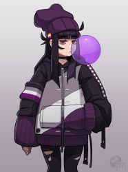 Rule 34 | 1girl, asexual flag, beanie, black hair, blowing bubbles, calponpon, chewing gum, claire (calponpon), cowboy shot, gradient background, hat, hood, hoodie, lesbian flag, long hair, long sleeves, looking at viewer, original, purple hat, red eyes, sleeves past wrists, solo, torn clothes, torn legwear