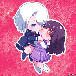 Rule 34 | 2girls, asymmetrical bangs, black dress, black footwear, black jacket, black socks, blush, brown footwear, brown hair, buttons, chibi, collared dress, cropped jacket, cross tie, daito academy school uniform, dress, eyes visible through hair, floating, full body, grey eyes, hand on another&#039;s chin, hand on another&#039;s shoulder, inui yamato, izumi kanagi, jacket, jewelry, kneehighs, layered sleeves, long hair, long sleeves, looking at another, magia record: mahou shoujo madoka magica gaiden, mahou shoujo madoka magica, miniskirt, mizuna girls&#039; academy school uniform, multiple girls, necktie, no nose, orange eyes, outline, own hands together, parted lips, pink background, pleated skirt, purple shirt, purple skirt, red necktie, ring, school uniform, shioya harumi, shirt, shoes, short dress, short hair, short over long sleeves, short sleeves, sidelocks, skirt, smile, socks, twitter username, white hair, white outline, white sleeves, white socks, yuri
