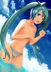 Rule 34 | 00s, 1girl, animal ears, aqua eyes, aqua hair, bikini, blush, breasts, cat ears, cloud, covering breasts, covering privates, day, dutch angle, hatsune miku, kemonomimi mode, long hair, looking at viewer, medium breasts, navel, open mouth, partially submerged, rods, sky, smile, solo, striped bikini, striped clothes, swimsuit, topless, very long hair, vocaloid, wading, water