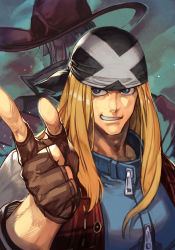 Rule 34 | 1boy, 1girl, arc system works, axl low, bandana, blonde hair, blue eyes, blue jacket, brown gloves, fingerless gloves, gloves, grin, guilty gear, guilty gear strive, hat, hungry clicker, i-no, jacket, long hair, looking at viewer, male focus, pointing, pointing at viewer, red headwear, red vest, smile, upper body, vest