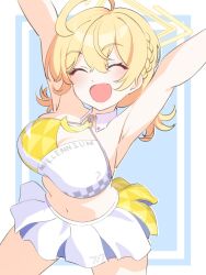 Rule 34 | 1girl, :d, ^ ^, ahoge, armpits, arms up, bazz000033, bent over, blonde hair, blue archive, braid, breasts, character name, cleavage, closed eyes, commentary request, detached collar, hair between eyes, halo, highres, holding, holding pom poms, kotori (blue archive), kotori (cheer squad) (blue archive), large breasts, looking at viewer, low twintails, medium hair, millennium cheerleader outfit (blue archive), navel, official alternate costume, official alternate hairstyle, open mouth, pleated skirt, pom pom (cheerleading), pom poms, simple background, single braid, skirt, sleeveless, smile, solo, stomach, twintails