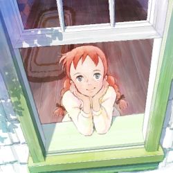 Rule 34 | 1girl, anne of green gables, anne shirley, braid, carpet, day, freckles, from above, head rest, looking up, lowres, oekaki, perspective, red hair, sakai yume, solo, twin braids, window, wooden floor, world masterpiece theater