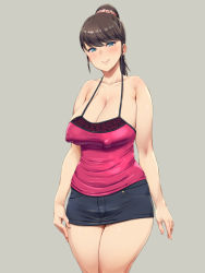 Rule 34 | 1girl, bare shoulders, blue eyes, breasts, brown hair, cleavage, covered erect nipples, grey background, looking at viewer, original, ponytail, scrunchie, shikuta maru, simple background, skirt, sleeveless, smile, solo