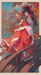 Rule 34 | 1girl, absurdres, bow, brown footwear, brown hair, detached sleeves, hair bow, hakama, hakurei reimu, highres, japanese clothes, leaf, looking at viewer, maccha (mochancc), parted lips, red bow, red eyes, red hakama, red shirt, shirt, solo, standing, touhou, white legwear, wide sleeves