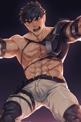 Rule 34 | 1boy, abs, alchemy stars, armor, bara, bare pectorals, black hair, blush, bulge, facial scar, feet out of frame, from below, gluteal fold, highres, looking at viewer, male focus, muscular, muscular male, nipples, paid reward available, pants, pauldrons, pectorals, pittman (alchemy stars), scar, scar on cheek, scar on chest, scar on face, short hair, shoulder armor, single pauldron, solo, stomach, thick thighs, thighs, white pants, yaekaidou