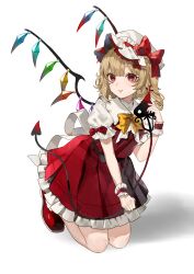 Rule 34 | 1girl, absurdres, blonde hair, bow, bowtie, closed mouth, commentary, daimaou ruaeru, dress, flandre scarlet, frilled headwear, frilled skirt, frills, hat, hat bow, highres, holding, kneeling, laevatein (touhou), long hair, looking at viewer, mob cap, red bow, red dress, red eyes, red footwear, shirt, short sleeves, simple background, skirt, smile, solo, symbol-only commentary, touhou, white background, white hat, white shirt, wings, wrist cuffs, yellow bow, yellow bowtie