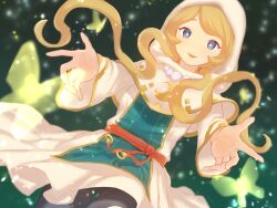 Rule 34 | 1girl, belt, blonde hair, blue eyes, bug, butterfly, cropped legs, diamond (shape), fantasy life, green background, highres, hood, hooded robe, insect, jewelry, kmk (user gvru5247), looking at viewer, magic, necklace, outstretched hand, robe, smile, solo, twintails, yuelia (fantasy life)