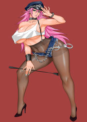 Rule 34 | 1girl, big hair, black pantyhose, blue shorts, bracelet, breasts, capcom, choker, cleavage, cover, cover page, crotch seam, cuffs, denim, denim shorts, final fight, handcuffs, hat, high heels, jewelry, large breasts, legs, lipstick, long hair, makeup, midou tsukasa, midriff, nail polish, navel, pantyhose, peaked cap, pink hair, poison (final fight), riding crop, shoes, shorts, solo, standing, street fighter, suspenders, tank top, underboob