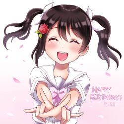 Rule 34 | 1girl, a song for you! you? you!, artist name, artist request, belt, black hair, blush, bow, breasts, collarbone, closed eyes, female focus, flower, hair between eyes, hair bow, hair flower, hair ornament, highres, leaf hair ornament, long hair, looking at viewer, love live!, love live! school idol festival, love live! school idol project, neckerchief, parted lips, petals, pink bow, pink neckerchief, pink petals, pink scrunchie, pointing, pointing at viewer, red flower, sailor collar, scrunchie, shirt, short hair, short sleeves, short twintails, smile, solo, twintails, upper body, white background, white belt, white bow, white sailor collar, white shirt, wrist scrunchie, yazawa nico