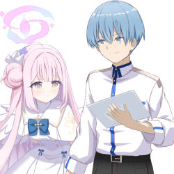 Rule 34 | 1boy, 1girl, black pants, blue archive, blue eyes, blue hair, breasts, closed mouth, commentary, crossover, dress, hair between eyes, hair bun, halo, himmel (sousou no frieren), holding, holding tablet pc, large breasts, long hair, long sleeves, mika (blue archive), o (rakkasei), pants, pink hair, pink halo, sensei (blue archive), shirt, short hair, simple background, sousou no frieren, tablet pc, upper body, white background, white dress, white shirt, yellow eyes