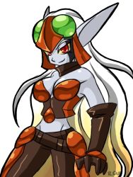 Rule 34 | armor, breasts, cleavage, jak and daxter, maia acheron, red eyes, white hair