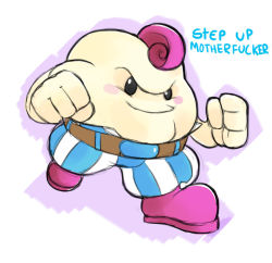Rule 34 | belt, blush stickers, boots, clenched hands, english text, fringe trim, greenmarine, mallow (mario), mario (series), nintendo, no humans, profanity, smile, solo, striped, super mario rpg, vertical stripes