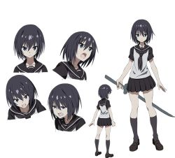 Rule 34 | 10s, 1girl, black hair, blue eyes, character sheet, crying, crying with eyes open, expressions, full body, holding, holding sword, holding weapon, muted color, ninja slayer, official art, open mouth, school uniform, serafuku, shoes, short hair, short sleeves, solo, standing, sword, tears, transparent background, weapon, yamoto koki