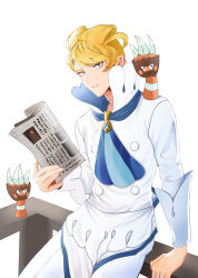 Rule 34 | 1boy, absurdres, apron, arm support, ascot, bad id, bad pixiv id, binacle, blonde hair, blue ascot, blue eyes, commentary request, creatures (company), fence, game freak, gen 6 pokemon, high collar, highres, holding, holding newspaper, looking at viewer, male focus, newspaper, nintendo, okuro zmzm, pants, parted lips, pokemon, pokemon (creature), pokemon xy, shirt, short hair, siebold (pokemon), sitting, white pants, white shirt