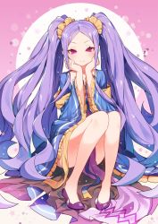 Rule 34 | 1girl, arm rest, fate/grand order, fate (series), full body, head rest, highres, japanese clothes, kimono, long hair, purple eyes, purple hair, ronopu, scrunchie, shoes, sitting, smile, solo, thighs, twintails, very long hair, wu zetian (fate), wu zetian (first ascension) (fate)