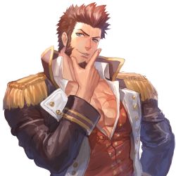 Rule 34 | 1boy, abs, bara, beard, blue eyes, brown hair, collar, epaulettes, facial hair, fate/grand order, fate (series), fringe trim, goatee, gradient hair, hand on own face, highres, jacket, long sideburns, long sleeves, looking to the side, pectoral cleavage, male focus, mashiro (sora1031), military, military uniform, multicolored hair, muscular, napoleon bonaparte (fate), open clothes, open jacket, open shirt, pectorals, scar, sideburns, sketch, smile, solo, thinking, uniform, upper body, white background