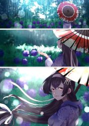 Rule 34 | 10s, 1girl, alternate costume, bad id, bad twitter id, black hair, blush, breasts, bush, ear visible through hair, flower, fusou (kancolle), fusou kai ni (kancolle), hair between eyes, hair ornament, hairband, holding, holding umbrella, hydrangea, japanese clothes, kantai collection, kimono, long hair, long sleeves, looking at viewer, low-tied long hair, oil-paper umbrella, rain, red eyes, shaded face, shadow, smile, solo, tachikoma (mousou teikoku), tree, umbrella, wide sleeves