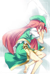Rule 34 | 1girl, bad id, bad pixiv id, barefoot, feet, female focus, hat, hong meiling, light, long hair, lying, on side, red hair, ribbon, sketch, sleeping, solo, subachi, sunlight, embodiment of scarlet devil, touhou