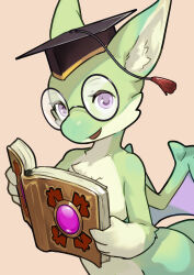 1girl absurdres body_fur book commentary_request dragon_girl dragon_village_m furry furry_female glasses green_fur hat highres holding holding_book looking_at_viewer mortarboard old-night purple_eyes round_eyewear smart_dragon_(dragon_village_m) wings