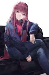Rule 34 | 1girl, blazpu, blue jacket, blue pants, breasts, closed mouth, commentary, couch, cropped jacket, crossed legs, earphones, feet out of frame, highres, hololive, hololive english, jacket, long hair, long sleeves, looking away, medium breasts, mori calliope, on couch, open clothes, open jacket, pants, pink eyes, pink hair, red sweater, sitting, solo, sweater, very long hair, virtual youtuber, white background