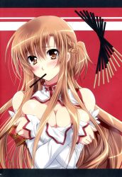 Rule 34 | 10s, 1girl, asuna (sao), bare shoulders, blush, breasts, brown eyes, brown hair, cleavage, covering privates, covering breasts, detached sleeves, food, highres, kanna (plum), large breasts, long hair, mouth hold, pocky, solo, sword art online