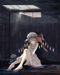 Rule 34 | 1girl, bad id, bad pixiv id, bars, blonde hair, bone, closed mouth, crystal, dress, dress tug, flandre scarlet, frilled dress, frills, full body, hat, hat ribbon, highres, light rays, looking at viewer, mob cap, partially submerged, pointy ears, red eyes, red ribbon, ribbon, side ponytail, sitting, skull, smile, solo, sunbeam, sunlight, touhou, water, white dress, wings, yukitourou