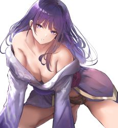 Rule 34 | 1girl, all fours, bare shoulders, black panties, breasts, cleavage, collarbone, commentary, english commentary, genshin impact, highres, japanese clothes, kimono, large breasts, liaowen, long hair, long sleeves, looking at viewer, mole, mole under eye, off shoulder, panties, parted lips, purple eyes, purple hair, purple kimono, raiden shogun, simple background, solo, underwear, white background