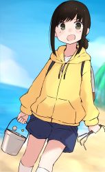Rule 34 | 1girl, alternate costume, beach, black hair, blue shorts, blue sky, blush, bucket, clam digging, day, feet out of frame, fubuki (kancolle), green eyes, highres, holding, holding bucket, hood, hooded jacket, jacket, kantai collection, kneehighs, long sleeves, ma rukan, ocean, open mouth, short ponytail, shorts, signature, sky, smile, socks, solo, white socks, yellow jacket