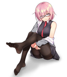 Rule 34 | 1girl, ass, bad id, bad pixiv id, black dress, black pantyhose, blush, breasts, commentary request, dress, fate/grand order, fate (series), glasses, grey jacket, highres, jacket, jiaoshoutongxue, large breasts, legs, light purple hair, looking at viewer, mash kyrielight, necktie, no shoes, off-shoulder jacket, off shoulder, panties, pantyhose, pink hair, red necktie, simple background, sitting, solo, underwear, white background, white panties