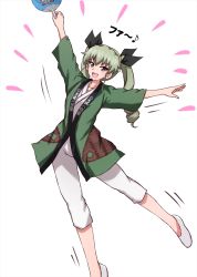 Rule 34 | anchovy (girls und panzer), arms up, black ribbon, commentary, drill hair, eighth note, flats, girls und panzer, green hair, green jacket, hair ribbon, hand fan, hanten (clothes), highres, holding, holding fan, jacket, long hair, looking at viewer, motion lines, musical note, omachi (slabco), open mouth, pants, paper fan, red eyes, ribbon, shirt, simple background, smile, solo, standing, standing on one leg, translated, twin drills, twintails, white background, white footwear, white pants, white shirt