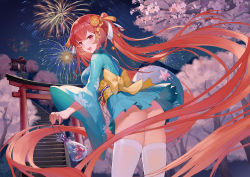 Rule 34 | 1girl, :d, absurdres, aerial fireworks, ass, azur lane, blue kimono, blush, breasts, checkered sash, festival, fireworks, floral print, from behind, hair ornament, hair ribbon, highres, holding, honolulu (azur lane), honolulu (among the stalls) (azur lane), huge filesize, japanese clothes, kimono, lantern, large breasts, long hair, looking at viewer, looking back, mo xiaoxue, night, night sky, obi, open mouth, paper lantern, red eyes, red hair, ribbon, sash, sky, smile, solo, stairs, thighhighs, torii, twintails, very long hair, white thighhighs, yukata