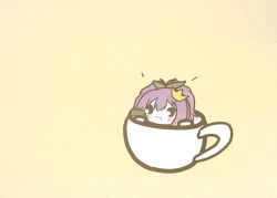 Rule 34 | 1girl, azur lane, chibi, crown, cup, holding, in container, in cup, javelin (azur lane), koti, lunchbox, mini crown, purple hair, simple background, solo, yellow background