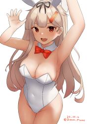 Rule 34 | absurdres, animal ears, black ribbon, blonde hair, bow, bowtie, breasts, covered navel, dated, fake animal ears, fang, hair flaps, hair ornament, hair ribbon, hairclip, haruno plum, highres, kantai collection, leotard, medium breasts, playboy bunny, rabbit ears, rabbit tail, red eyes, ribbon, strapless, strapless leotard, tail, traditional bowtie, twitter username, white background, white leotard, wrist cuffs, yuudachi (kancolle), yuudachi kai ni (kancolle)