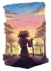 Rule 34 | 1other, ajirogasa, androgynous, black veil, blue sky, border, brown kimono, brown sleeves, bush, cane, cloud, commentary, english commentary, forest, from behind, full body, gradient sky, hat, holding, holding cane, japanese clothes, kimono, len&#039;en, long hair, long sleeves, mixed-language commentary, nature, other focus, outdoors, path, plant, potted plant, purple hair, road, rock, shadow, shirami souko, signature, sky, solo, sunset, tree, veil, white border, wide sleeves, yamanoskk, yellow hat, yellow sky