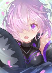 Rule 34 | 1girl, armor, bare shoulders, black armor, blush, commentary request, fate/grand order, fate (series), hair between eyes, hair over one eye, highres, holding, holding shield, holding weapon, looking at viewer, mash kyrielight, musou yuchi, one eye covered, open mouth, petals, purple eyes, purple hair, shield, short hair, solo, tears, weapon