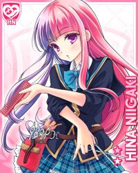 Rule 34 | 1girl, :o, barber shop, belt, blue bow, blue jacket, blue skirt, bow, card, character name, comb, girlfriend (kari), jacket, long hair, multicolored hair, niigaki hina, official art, open hand, open mouth, pink background, pink hair, plaid, plaid skirt, purple eyes, purple hair, qp:flapper, salute, scissors, shirt, skirt, sleeves rolled up, solo, tagme, white shirt