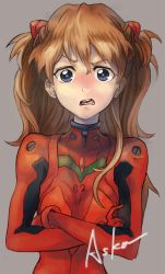 Rule 34 | &gt;:o, 1girl, :o, angry, blue eyes, blush, bodysuit, bracer, breasts, brown hair, character name, crossed arms, gloves, grey background, hair over shoulder, headgear, highres, kida (zakuroishi), long hair, looking at viewer, neon genesis evangelion, nose blush, open mouth, pilot suit, plugsuit, signature, simple background, skinny, small breasts, solo, souryuu asuka langley, turtleneck, two side up, typo, upper body, v-shaped eyebrows, wavy hair, wavy mouth