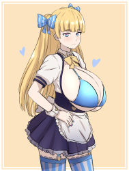 Rule 34 | 1girl, apron, bikini, bikini top only, blonde hair, blue bikini, blue bow, blue eyes, blue nails, blue thighhighs, blunt bangs, borrowed character, bow, bowtie, breasts, buttons, cleavage, closed mouth, commentary, cowboy shot, detached collar, dress, frilled dress, frilled thighhighs, frills, garter straps, hair bow, hand on own hip, heart, heart button, highres, huge breasts, lina (michihasu), long hair, looking at viewer, multicolored eyes, multicolored nails, nail polish, nao (ritsancrossover), oppai loli, original, pink nails, puffy short sleeves, puffy sleeves, short sleeves, skirt, solo, striped bow, striped clothes, striped thighhighs, swimsuit, thighhighs, vertical-striped bow, vertical-striped clothes, vertical-striped thighhighs, waist apron, white apron, wrist cuffs, yellow background, yellow bow, yellow bowtie, zettai ryouiki