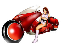 Rule 34 | 1980s (style), 1girl, absurdres, akira (manga), boots, breasts, character request, female focus, highres, motor vehicle, motorcycle, oldschool, retro artstyle, simple background, solo, straddling, vehicle, white background